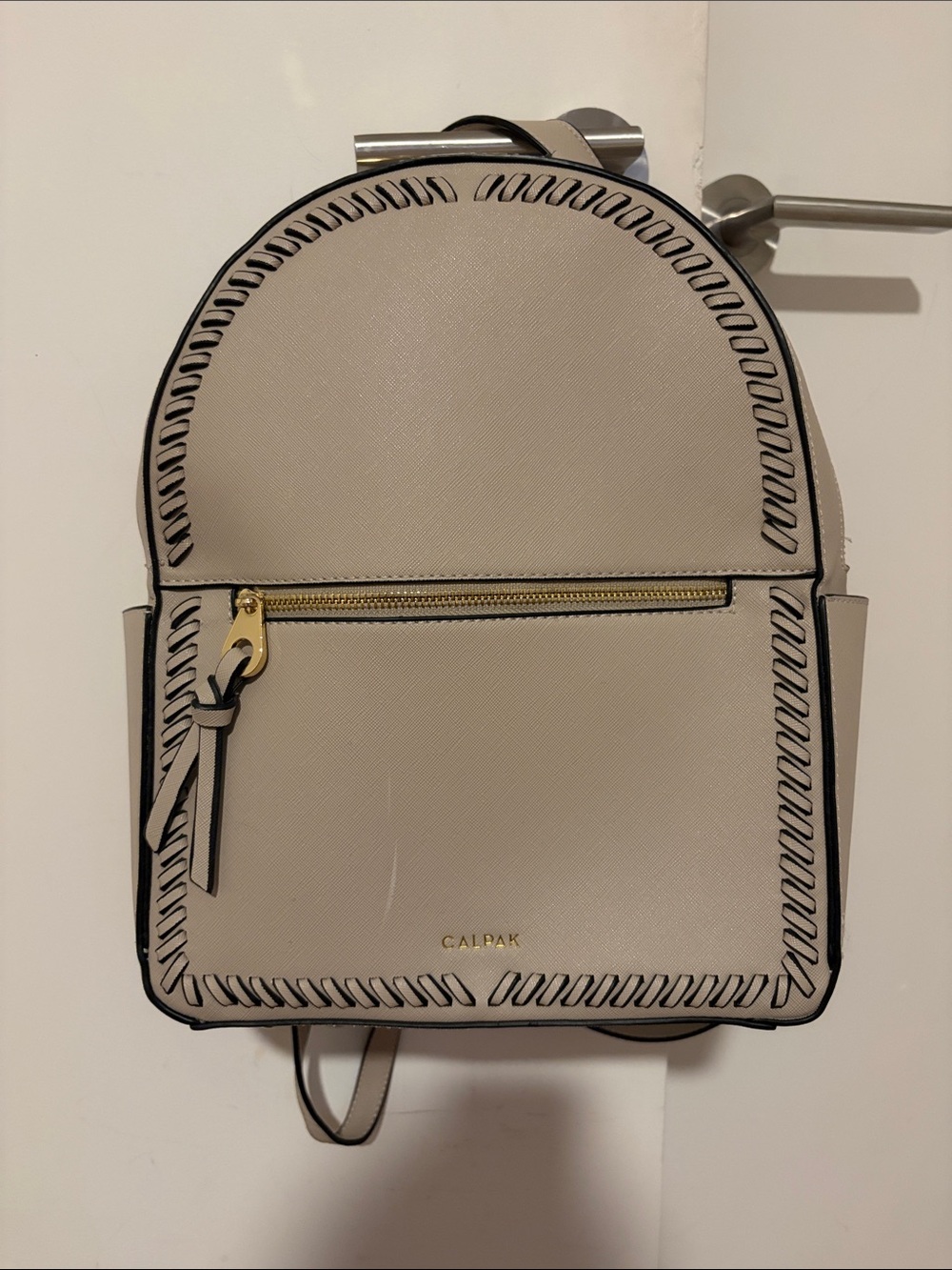 Calpak Beige Mini Backpack with Black Trim and Gold Hardware